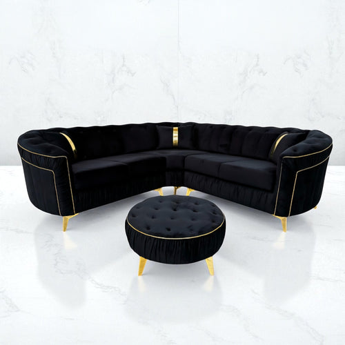 Ambassador Chesterfield Corner Sofa in Black Plush Velvet