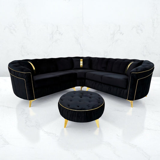 Ambassador Chesterfield Corner Sofa in Black Plush Velvet
