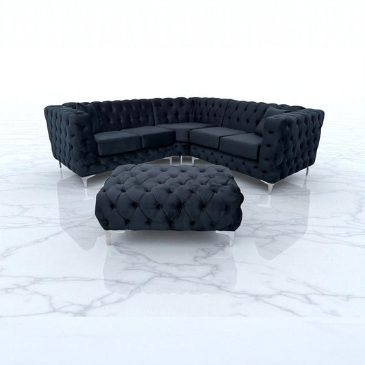 Rocky Corner Chesterfield Sofa in Black Plush Velvet