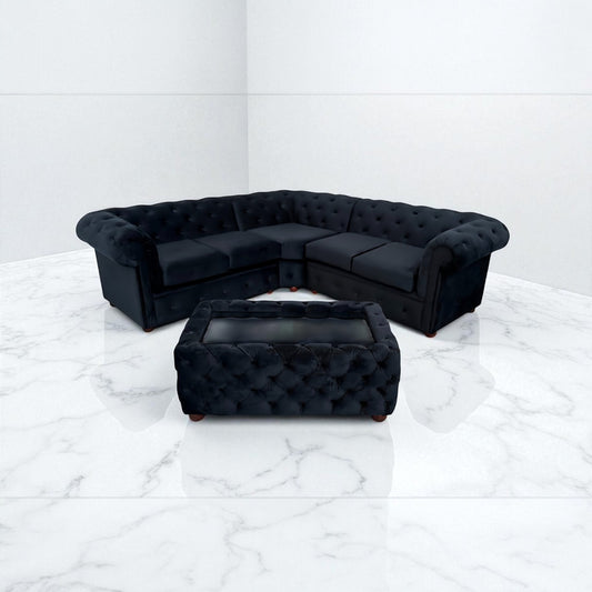 Chesterfield Corner Sofa in Black Plush Velvet