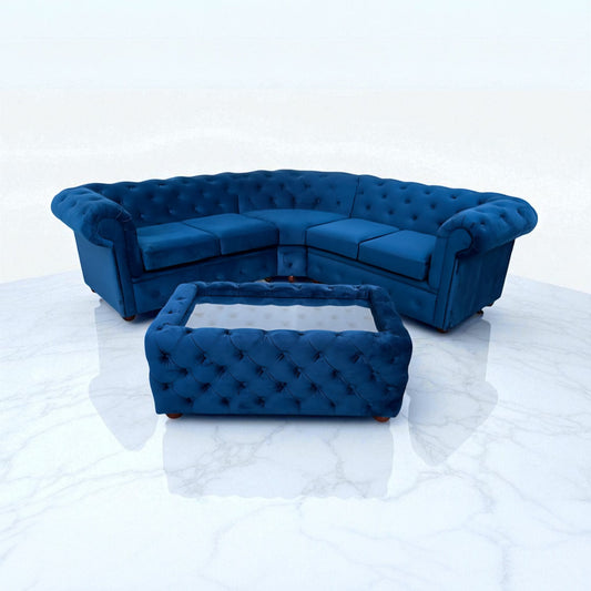 Chesterfield Corner Sofa in Blue Plush Velvet