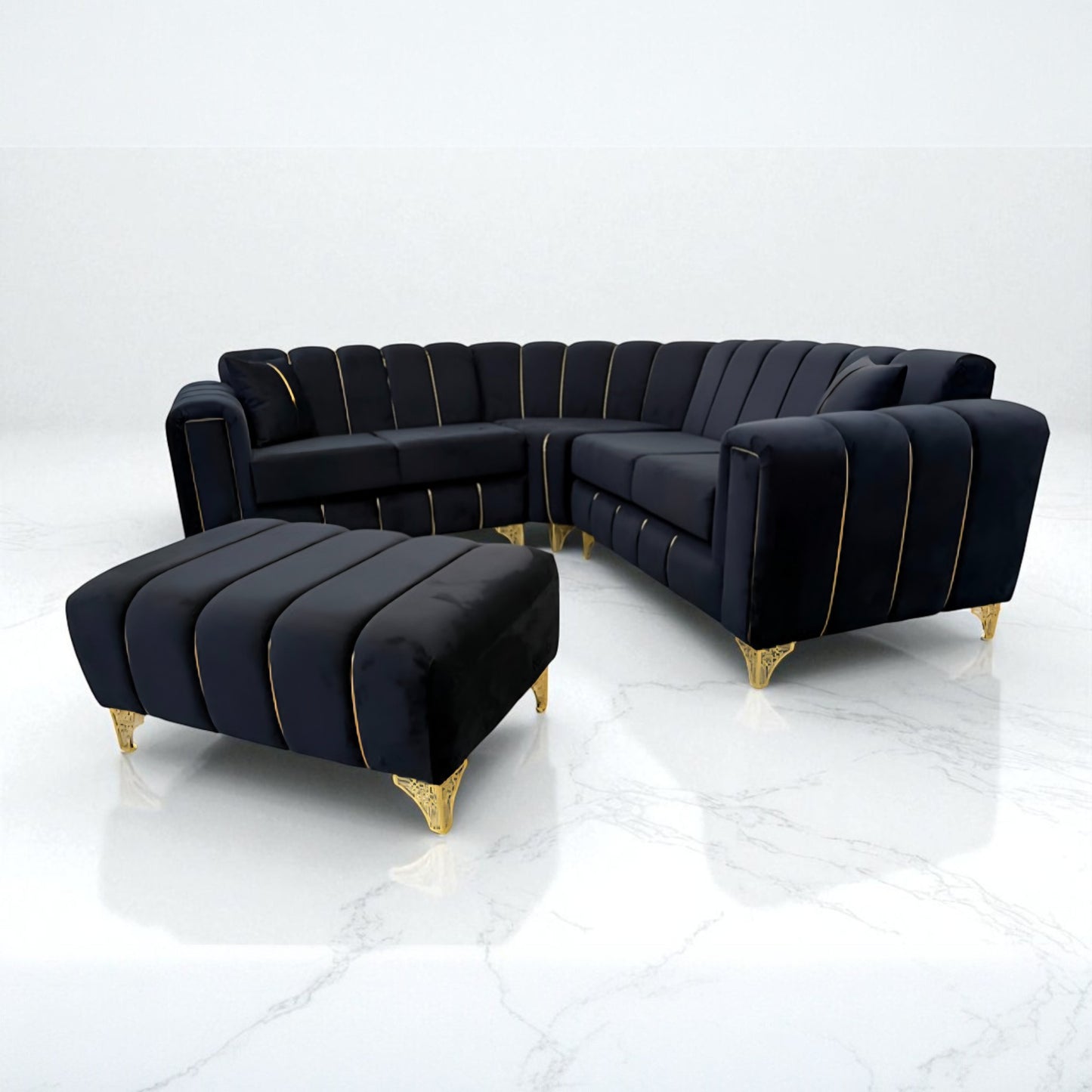 Keysri Corner Sofa in Black Plush Velvet