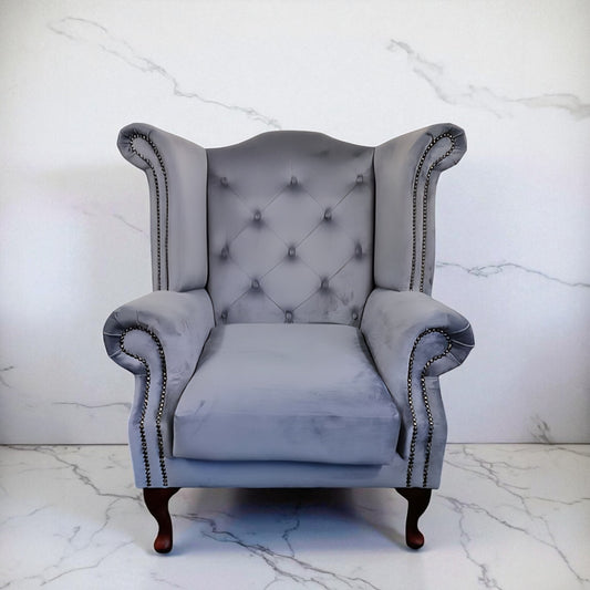 Chesterfield Queen Anne Wing Back Chair in Steel Plush Velvet