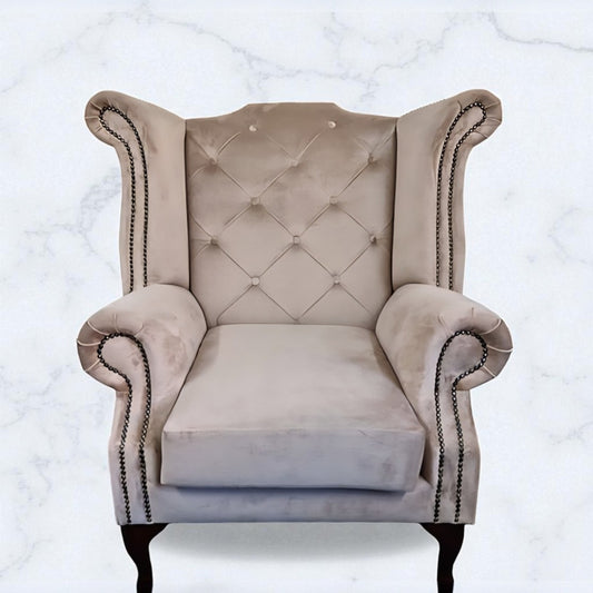 Chesterfield Queen Anne Wing Back Chair in Mink Plush Velvet
