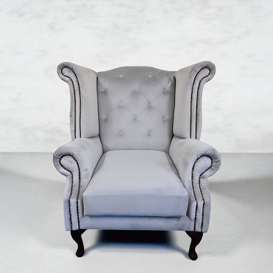 Chesterfield Queen Anne Wing Back Chair in Silver Plush Velvet