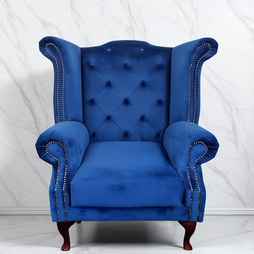 Chesterfield Queen Anne Wing Back Chair in Blue Plush Velvet