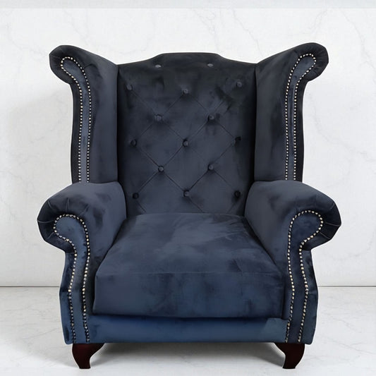Chesterfield Queen Anne Wing Back Chair in Black Plush Velvet